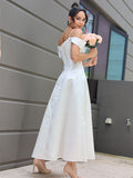 A-Line/Princess Satin Ruffles Spaghetti Straps Sleeveless Ankle-Length Wedding Dresses TPP0007030