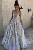 2024 A-Line White Long Tulle Deep V Neck Lace Sleeveless Appliques Prom Dresses