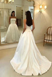 Strapless Simple Ivory Satin A Line Pleated Wedding Dresses With Court Train Bridal