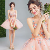 A Line Orange Cheap Ball Gown Spaghetti Straps Above Knee Flowers Homecoming Dresses